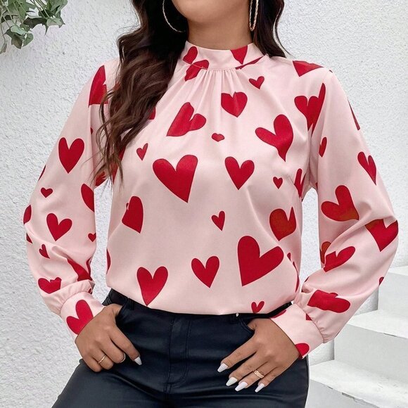 Pink Casual Women's Heart Print Stand Collar Shirt - Picture 3 of 5